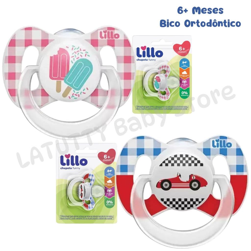 Chupeta 6+ Meses Lillo Funny Xadrez Bico Silicone Ortodôntico Chupeta com Argola Tamanho 2 Carro Picolé