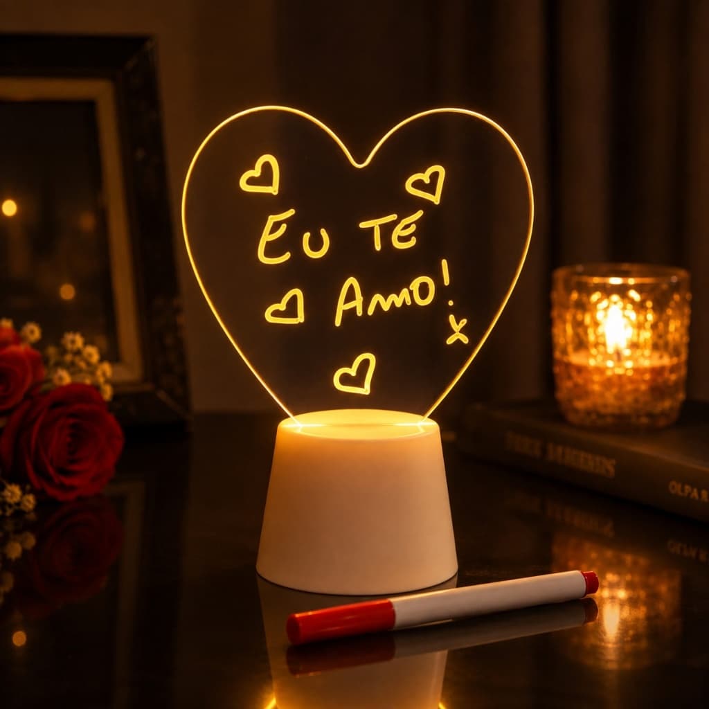 Luminária Coração LED Presente Romântico Personalizável Com Caneta Para Escrever Recados e Mensagens