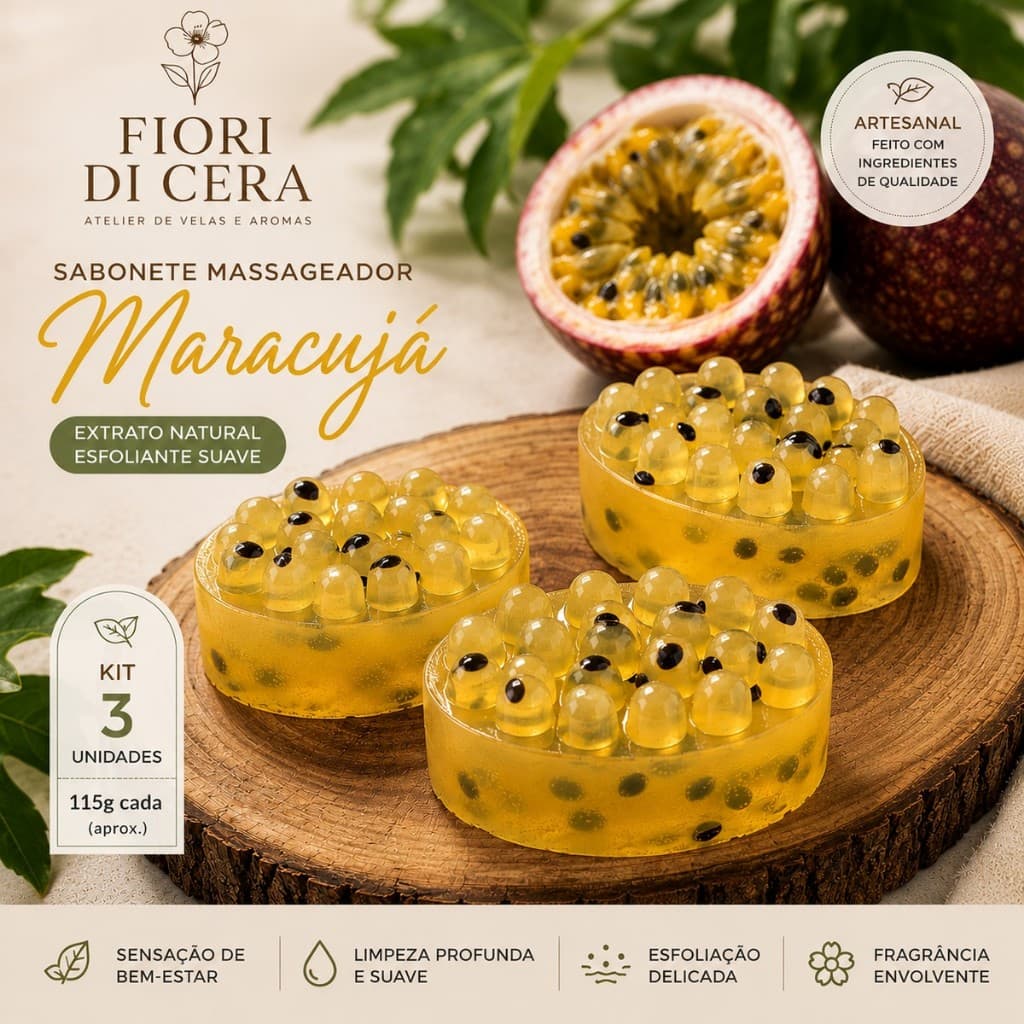 Kit 3 Sabonetes Artesanais Massageadores de Maracujá 115g | Esfoliante Corporal
