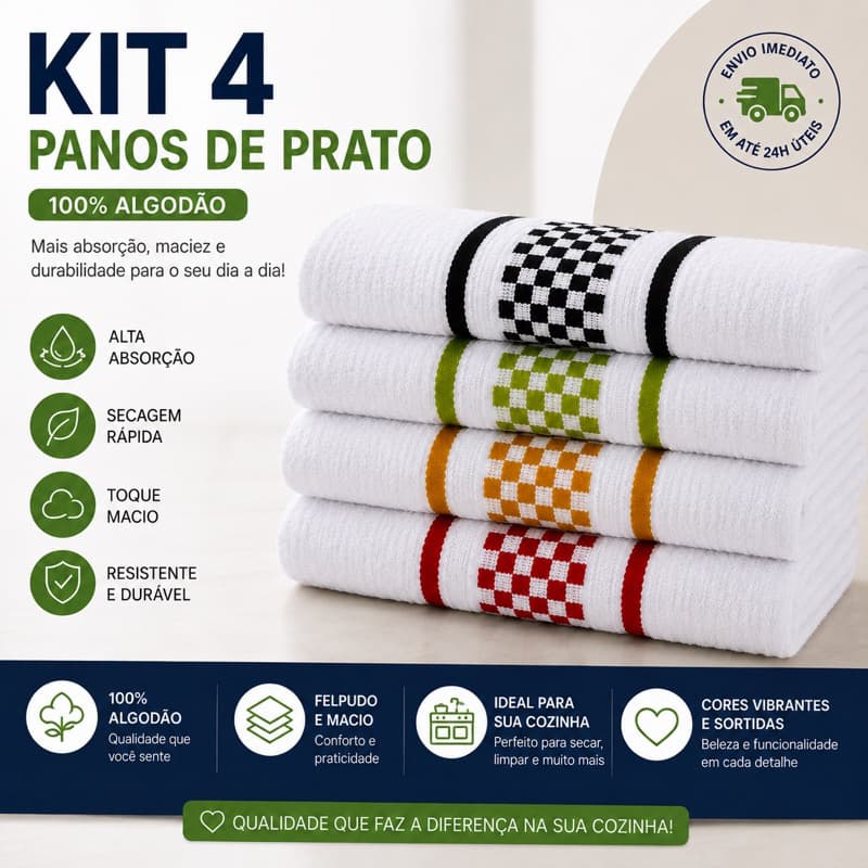 Kit 4 Pano de Prato Premium Super Luxo 100% Algodão Felpudo Atoalhado Macio Grande