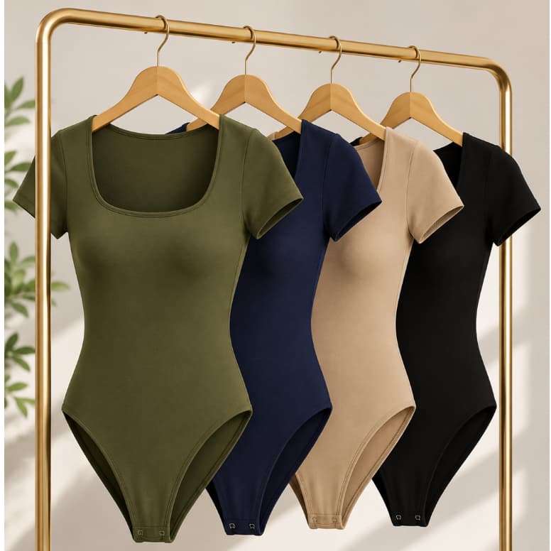 Body Feminino Decote Quadrado Manga Curta Forro Duplo Malha Fresca Respirável Liso Verão