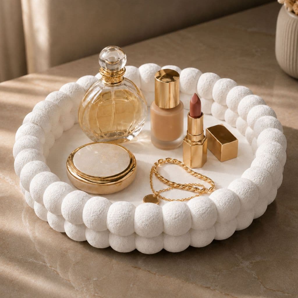Bandeja Organizadora Joia Perfumes Maquiagem Porta Treco Decorativa Redonda Bubble Branca Penteadeira Lavabo Quarto 23cm