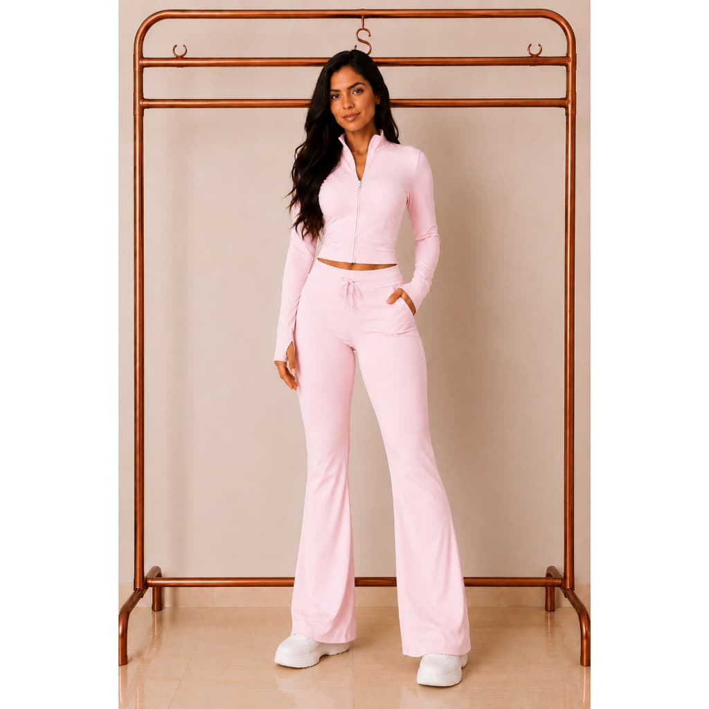Conjunto Feminino Fitness Jaqueta Zíper Manga Longa com Dedal e Calça Flare Academia Treino