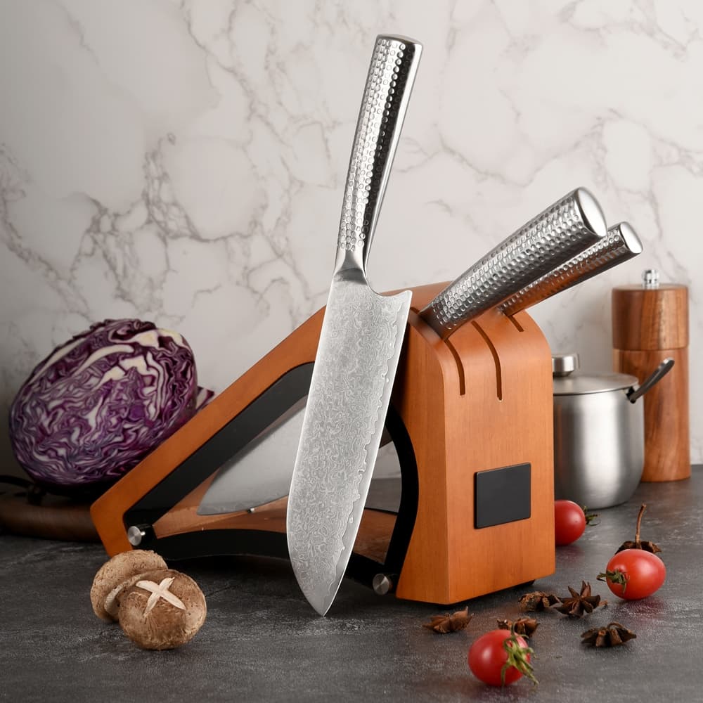 Jogo de Facas Damascus 3 Peças com Bloco, Aço VG10 67 Camadas, Chef 8”, Santoku 7”, Paring 3,5”, Cabo Ergonômico