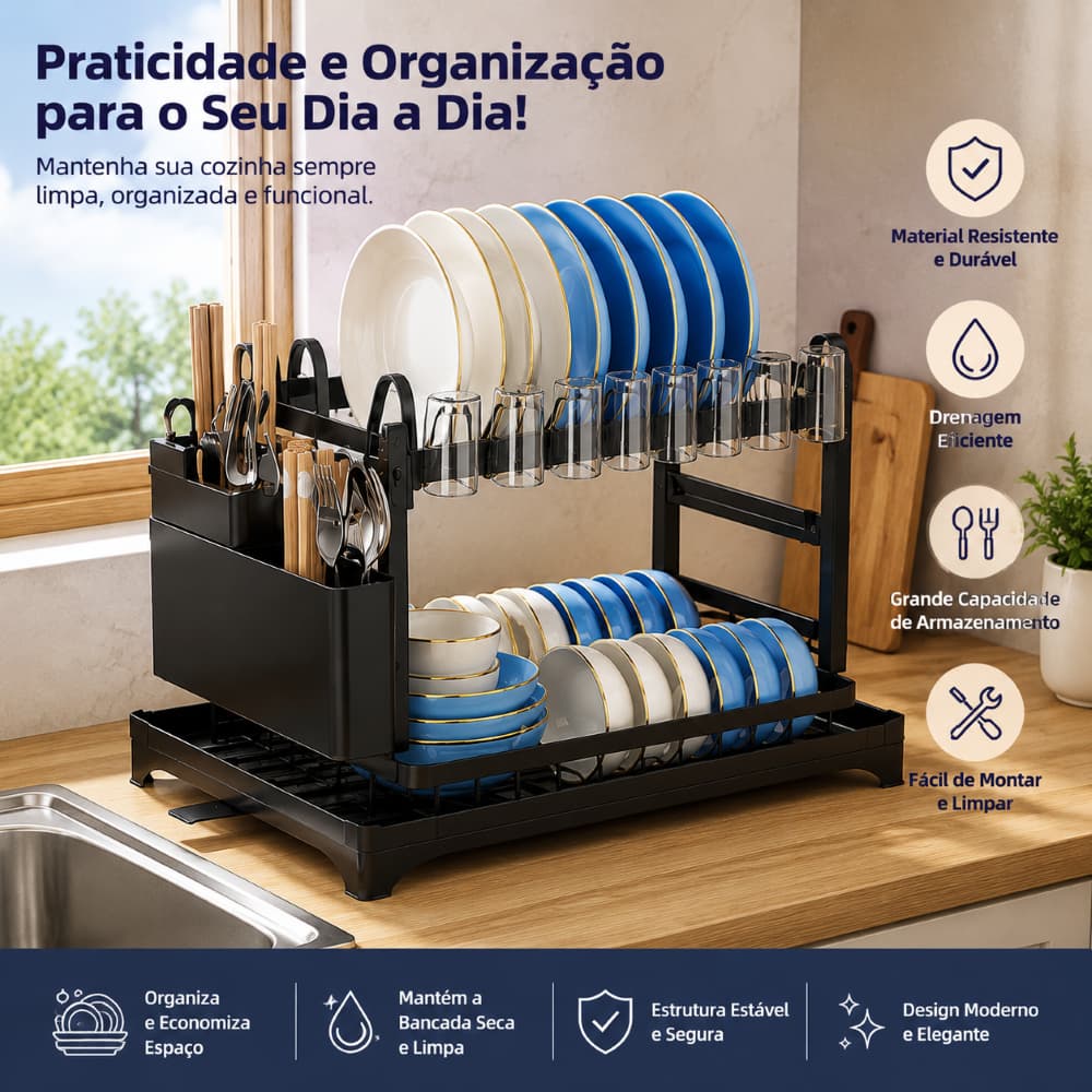 Escorredor de Louça Premium 2 Camadas Preto | Grande Capacidade com Suporte para Copos e Talheres
