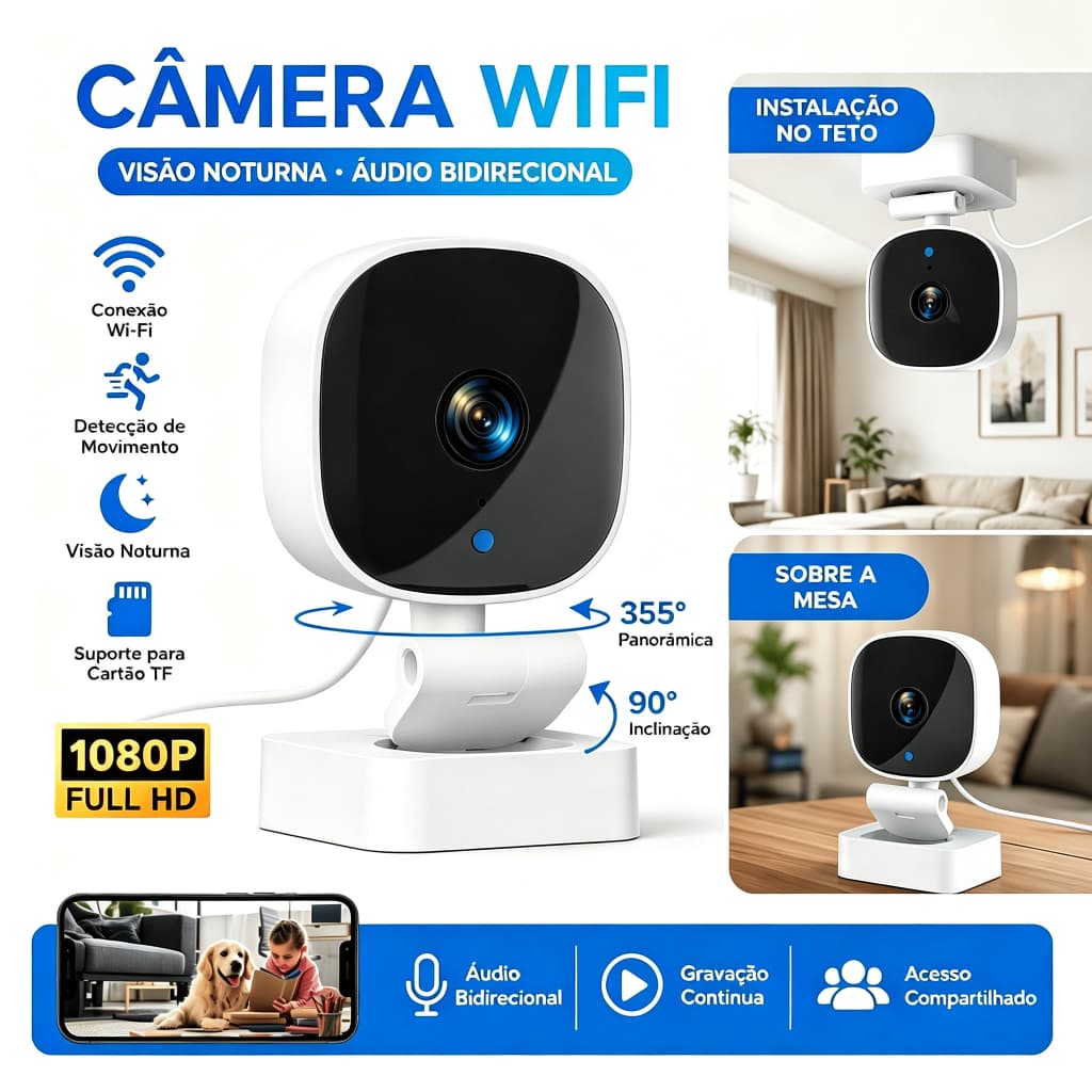 Câmera de Segurança Wi‑Fi Interna 1080P Full HD Visão Noturna Colorida Áudio Bidirecional Detecção de Movimento Babá Ele