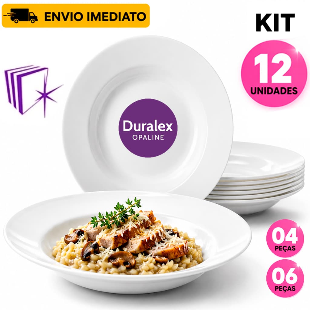 KIT 12/04 Pratos Opaline Menu Fundo Branco Duralex 23Cm Vidro Temperado para Sopa Caldos Refeições
