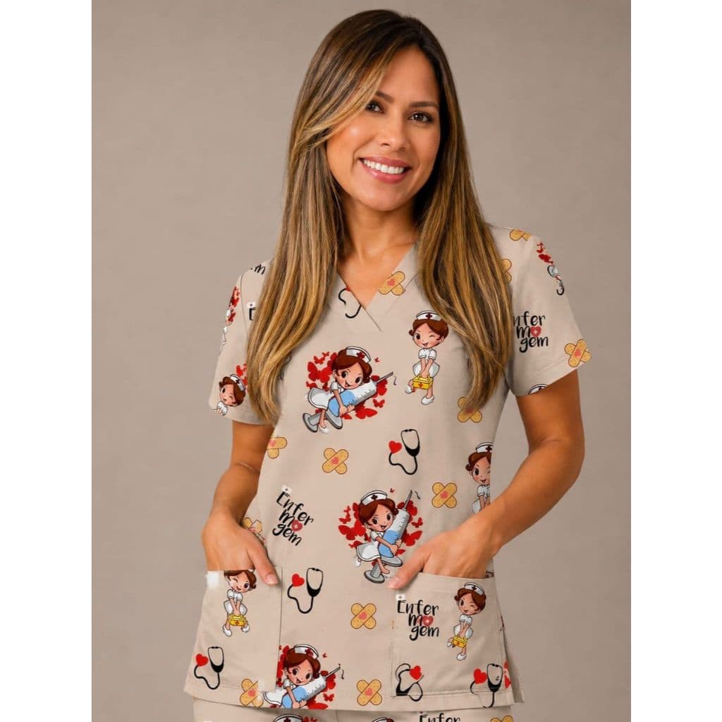 Blusa Bata Scrubs Feminina Estampada Educação Enfermagem Autista Autismo TEA No Tecido Oxford