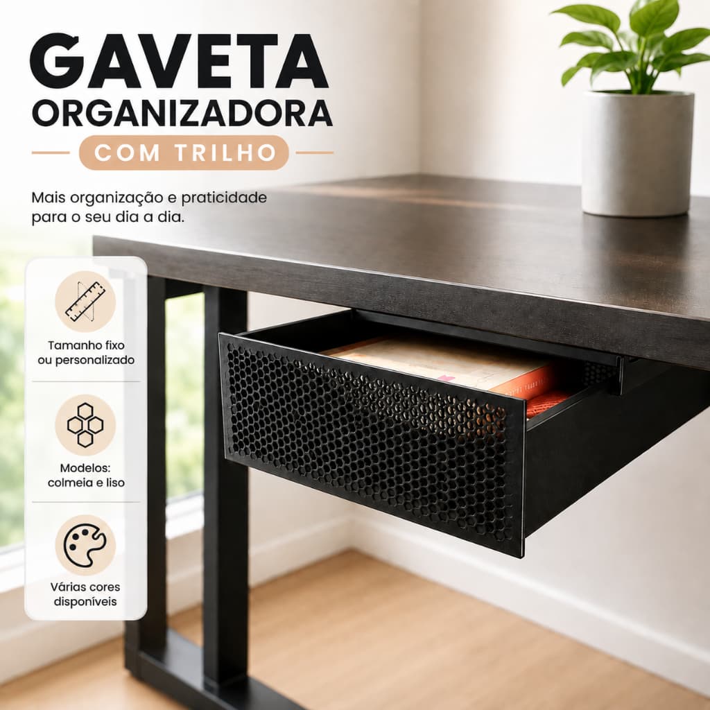 Gaveta Organizadora com Trilho para Mesa ou Armário – Suporte para Fixação por Parafuso ou Fita Dupla Face
