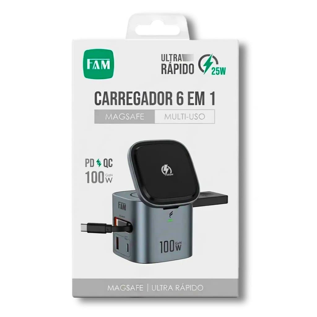 Carregador Por Indução 6 Em 1 Magsafe PD 100W Ultra Rápido FCA-N802 Para Smartphone, iWatch e Fones de Ouvido