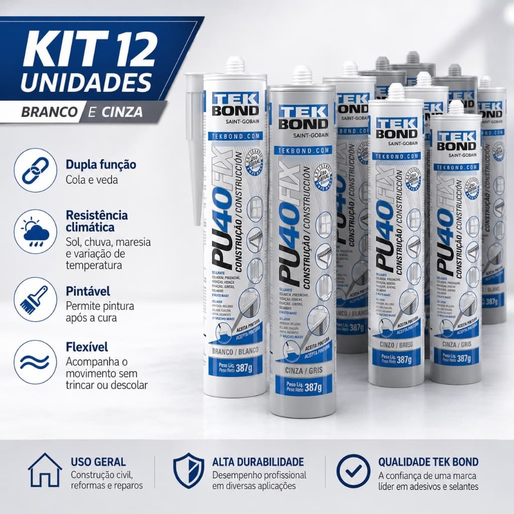 Kit 12 Adesivo Selante Pu 40 Fix Uso Geral Tekbond Branco / Cinza 387G