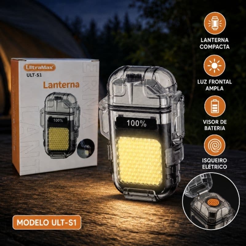 Lanterna LED Recarregável UltraMax ULT-S1 com Isqueiro Elétrico e Visor de Bateria