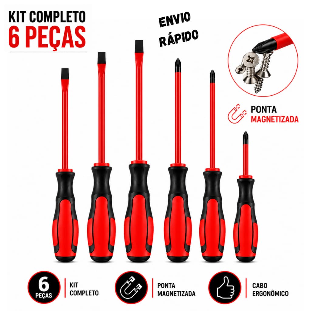 JOGO DE CHAVES 6 PEÇAS FENDA PHILIPS KIT COM SEIS CHAVES PHILLIP DE FERRAMENTAS DE PRECISÃO MAGNETIZADA ELETRICISTA AÇO