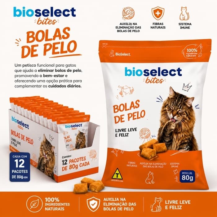 Petisco Snack BioSelect Bites Bolas de Pelo para Gatos 12 Pacotes de 80g - Elimina Bola de Pelos dos Gatos