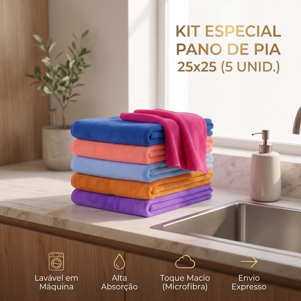 Kit 5 Panos De Pia Microfibra 25x25cm Alta Absorção Multiuso Limpeza Cozinha - Envio Imediato