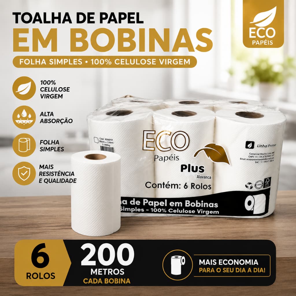 Papel Toalha Bobina 100% Celulose 6 Rolos 200m Folha Simples