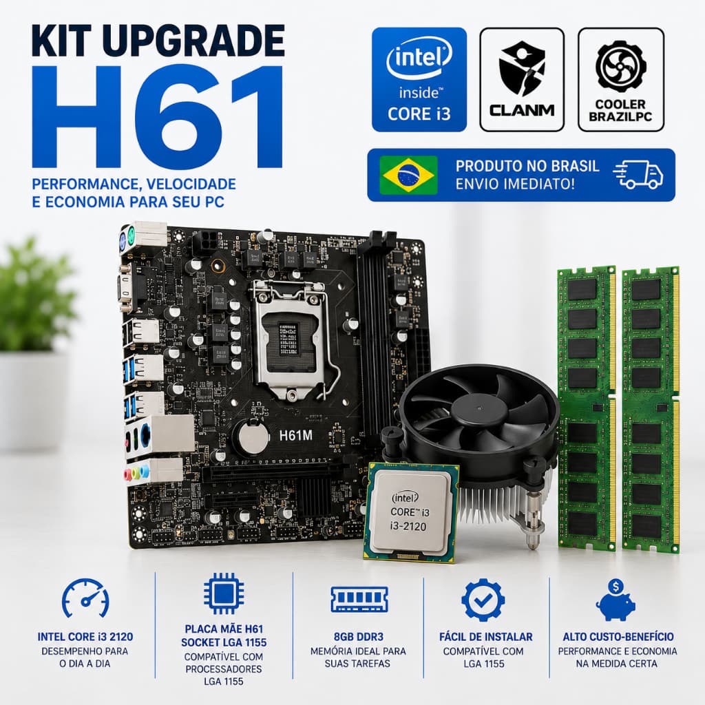 Kit Upgrade H61 LGA1155 Placa Mãe CLANM NVMe + Intel Core i3 2120 + 8GB DDR3 + Cooler
