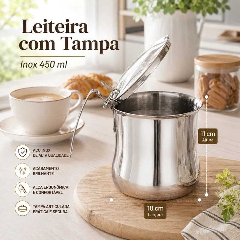 Bule Leiteira com Tampa Inox 450ml Servir Leite Café Mesa Posta Restaurante Bar Leiteira Inox