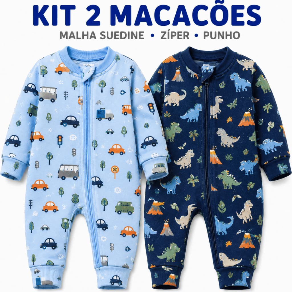 Kit 2 Macacão Bebê Menino 100% Algodão Zíper Suedine Manga Longa Vira Pé Recém Nascido Enxoval Maternidade P M G