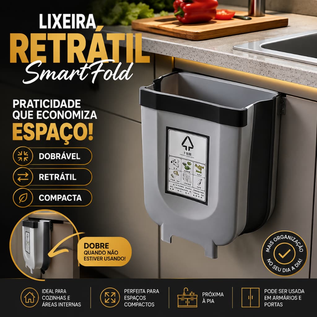 Lixeira Retratil  Smart Fold Organizador Dobravél Cozinha Compacta Pratico Espaço