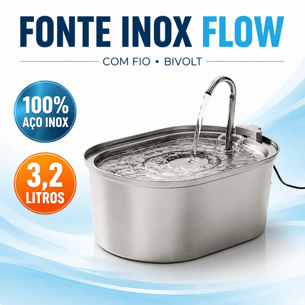Fonte Bebedouro Inox 3,2L para Cães e Gatos Água Corrente com Bomba Elétrica Bivolt
