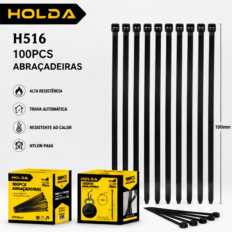 Abraçadeira de Nylon 100mm x 2,5mm Preta Enforca Gato 100 Pçs HOLDA H516