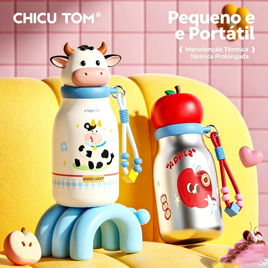Aline'Store Garrafa Térmica Infantil 380ml Aço Inox 316 Desenho Bichinho Fofo com Canudo Alça Corda Portátil Tampa Dupla