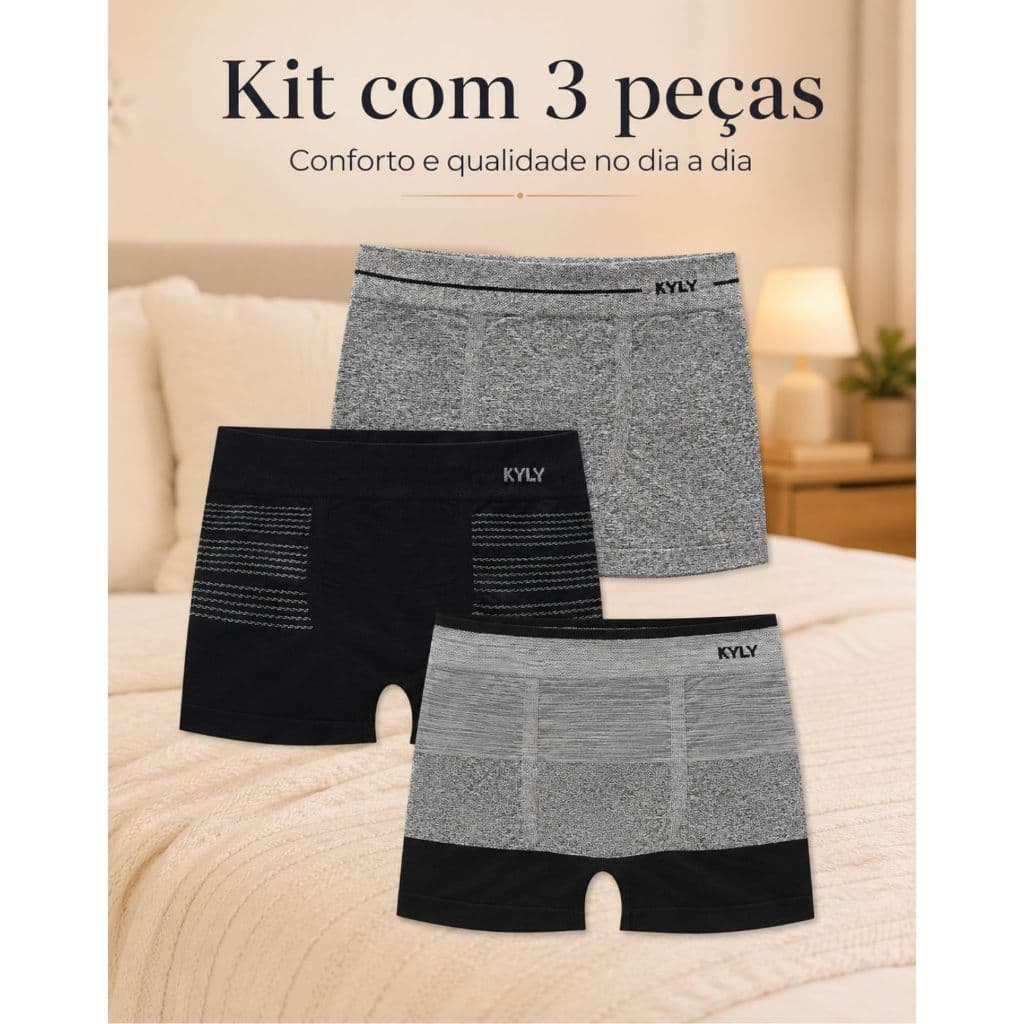 Kit Cueca Infantil Boxer Sem Costura Microfibra 3 Peças Menino Confortável e Sofisticado Kyly 1000857