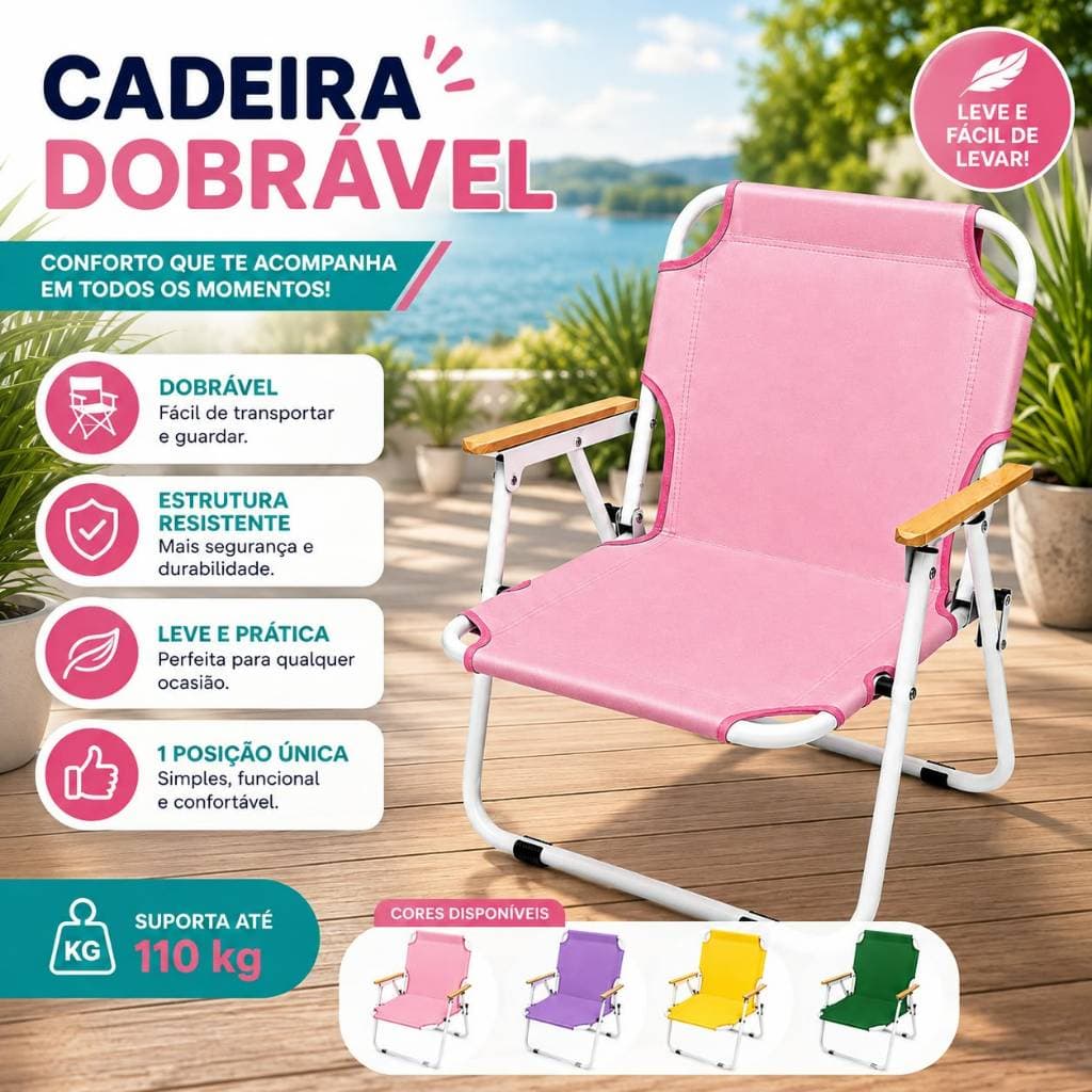 Cadeira Dobrável Portátil em Ferro com Tecido Oxford para Praia Camping Jardim Pescaria Suporta Até 110Kg