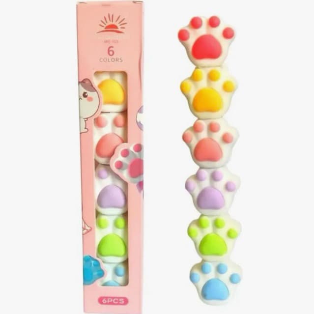 Kit 6 Marca-Textos Patinha de Gato – Mini Caneta Marca Texto Kawaii 6 Cores Papelaria Fofa