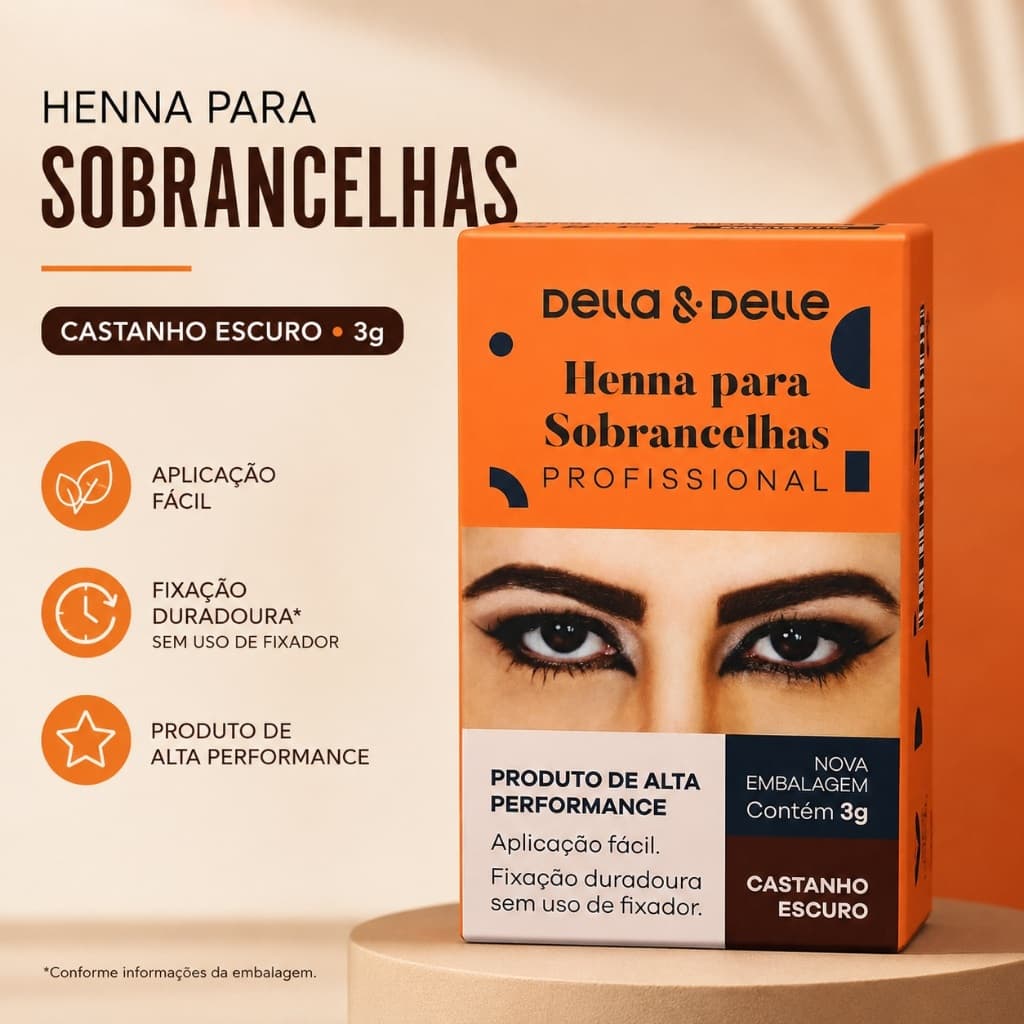 Henna para Sobrancelhas Della & Delle Castanho Escuro Profissional 3g Fácil Aplicação Alta Performance Envio Imediato