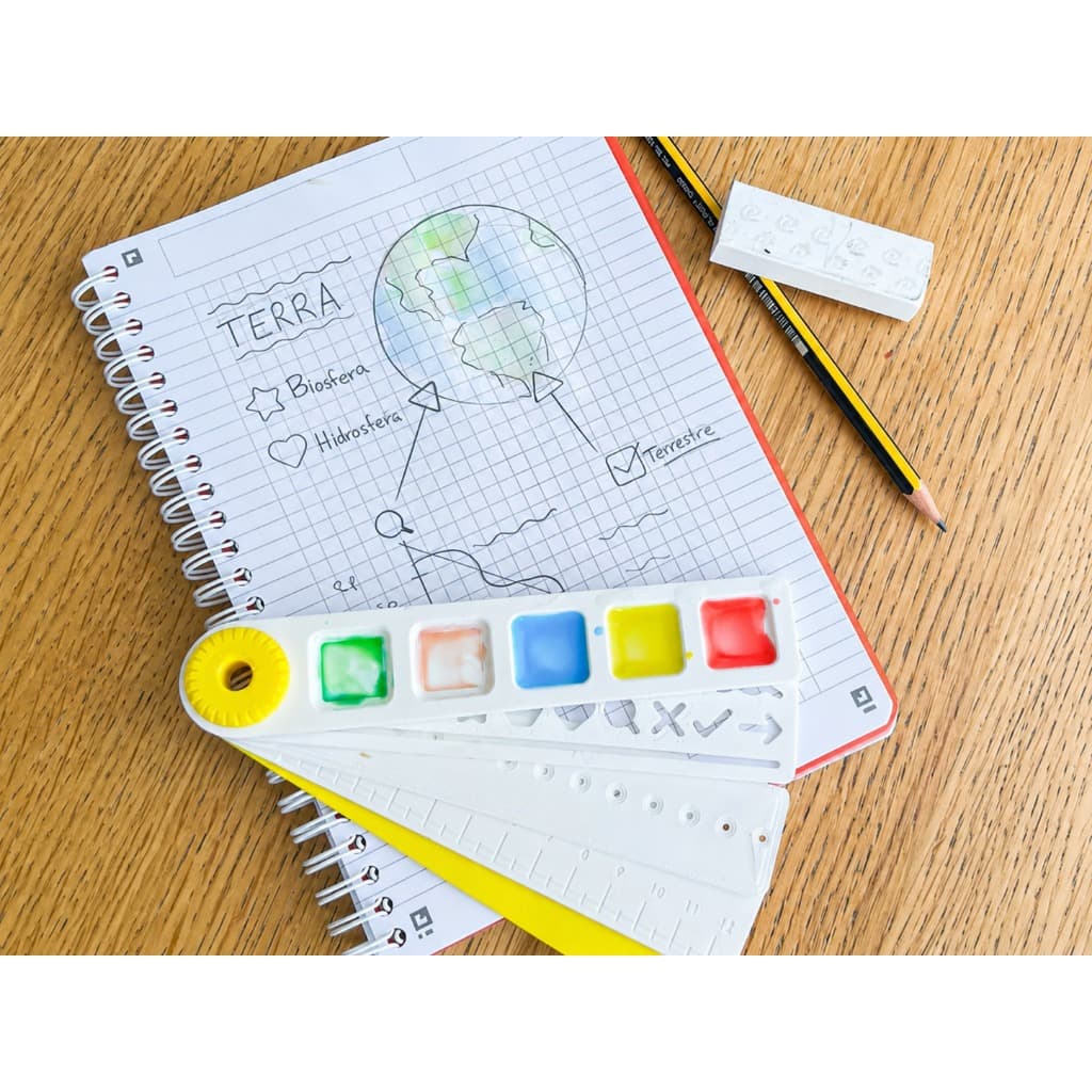 Kit Escolar Multifuncional Dobrável com Régua, Moldes, Paleta, Compasso e Porta-Lápis
