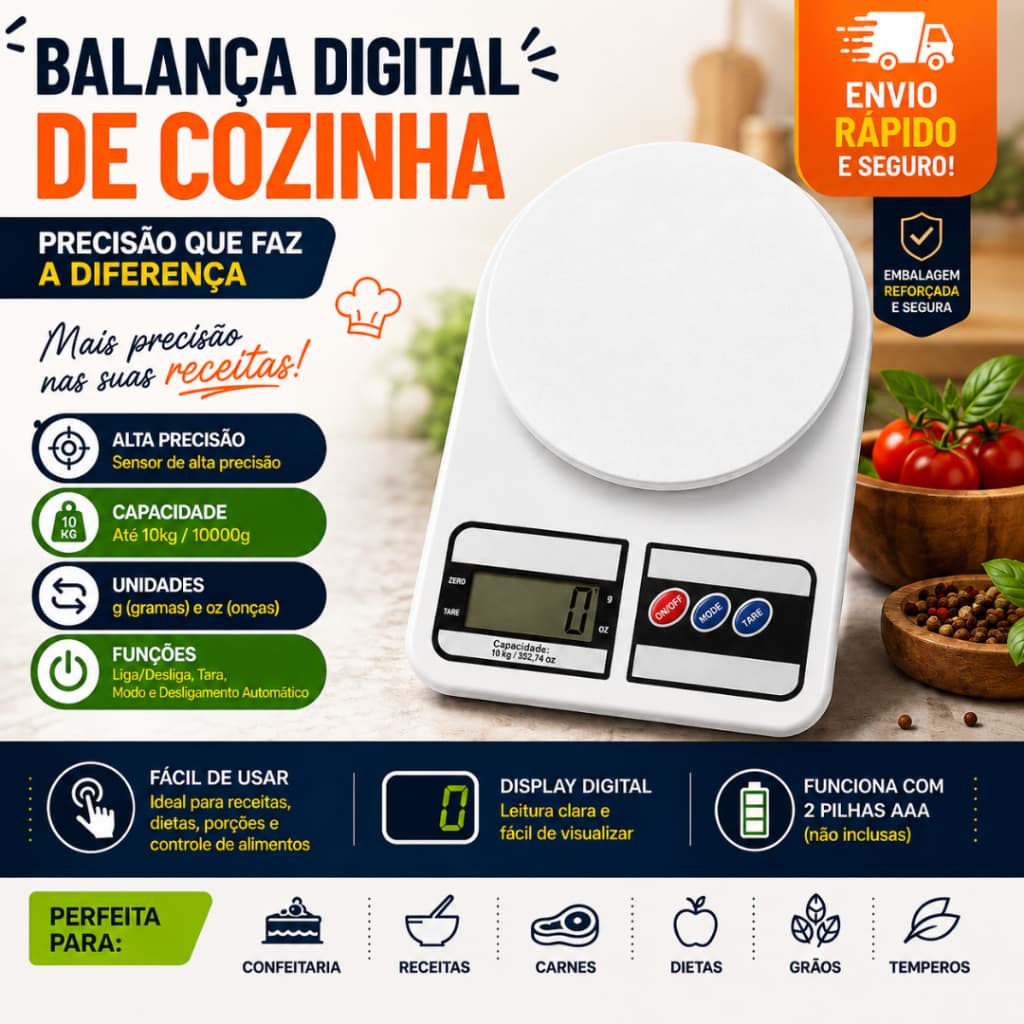 Balança Digital de Cozinha 10kg Alta Precisão LCD Eletrônica Culinária Confeitaria Alimentos Envio Rápido