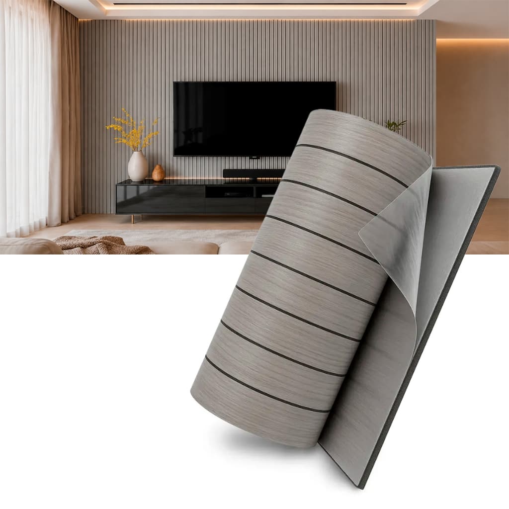 Painel Ripado Flexível Autocolante Adesivo Parede Decorativo Madeira PVC Revestimento Interno Cinza