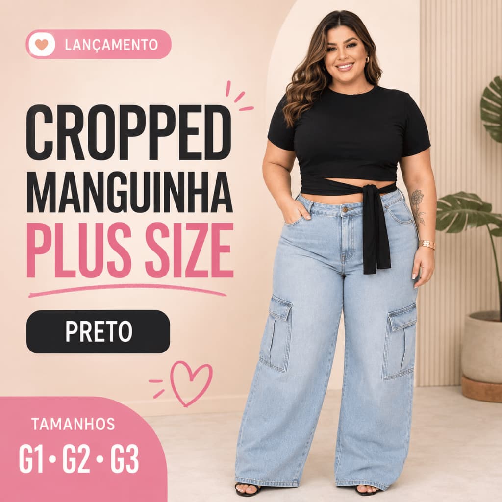Cropped Feminino Plus Size Manga Curta com Amarração Marrom Blusa Moderna Confortável G1 G2 G3 Verão
