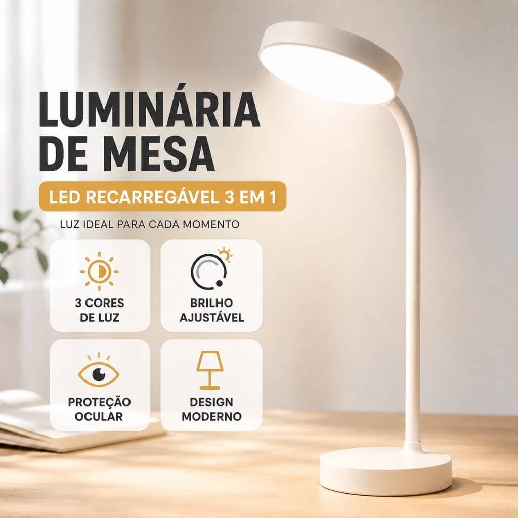 Luminária de Mesa LED Recarregável 3 em 1 Luz Ajustável Proteção Ocular