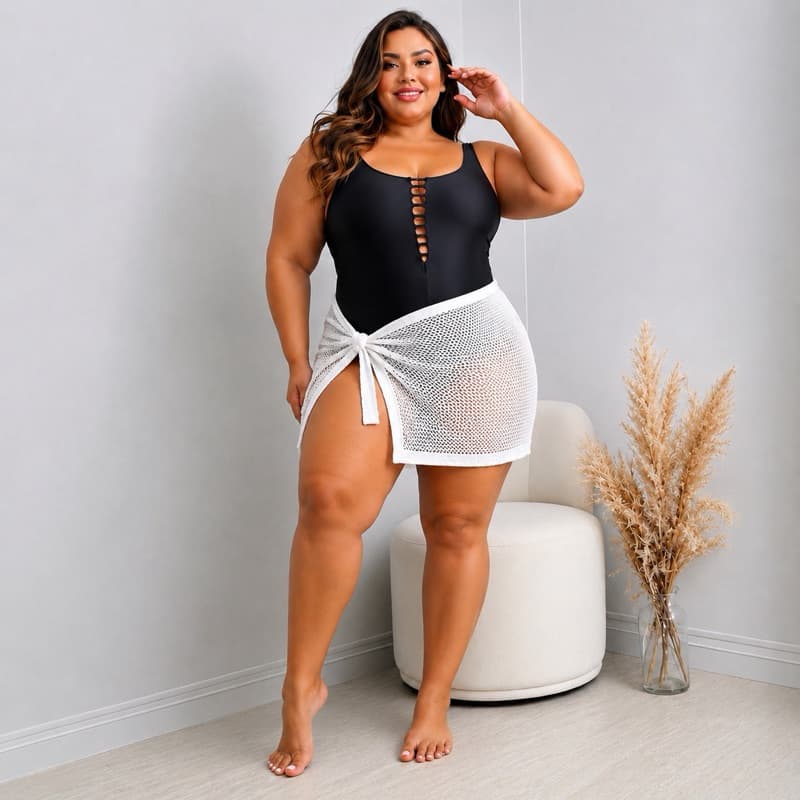 Saída de Praia Plus Size em Tricot Saia Ajustável Verão com Fenda Tricô Premium Saída Curta
