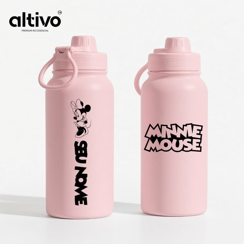Garrafa Térmica Infantil Minnie Mouse Disney Personalização 600ML com Tampa e Alça em Aço Inoxidável