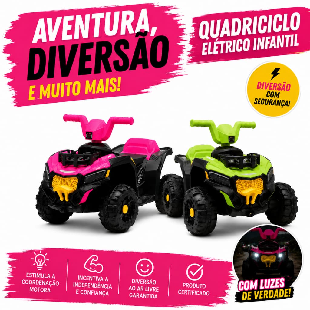 Quadriciclo Elétrico Infantil Adventure Verde e Rosa –  Moto elétrica - Suporta até  25kg - 3 anos