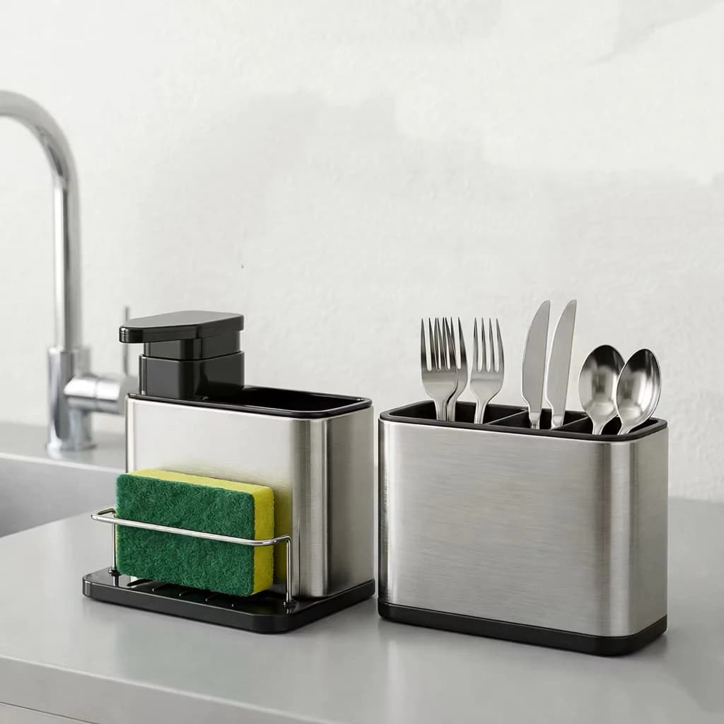 Kit Porta Detergente + Escorredor Talheres Aço Inox Prateado