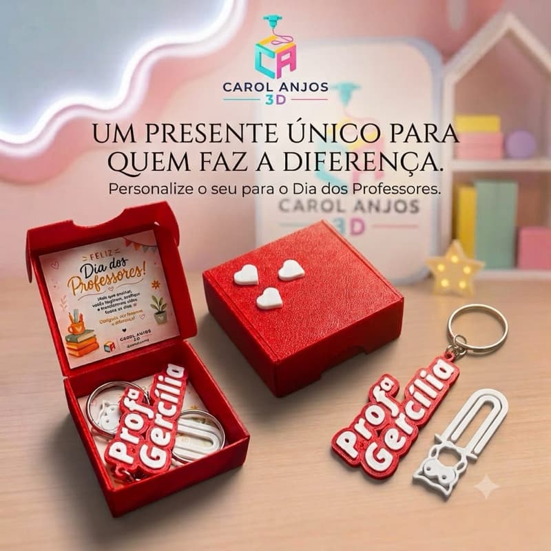 Kit Lembrancinhas Dia Dos Professores Kit Chaveiro Personalizado Nome 3D + Clip Coruja Na Caixinha Presente