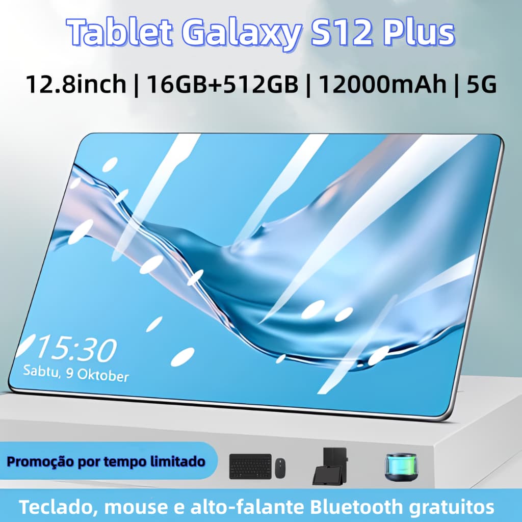 【Teclado e mouse grátis】Tablet Galaxy S12 Plus 12.8polegadas, 16 GB + 512 GB, bateria de 12000 mAh, dois chips, Wi-Fi