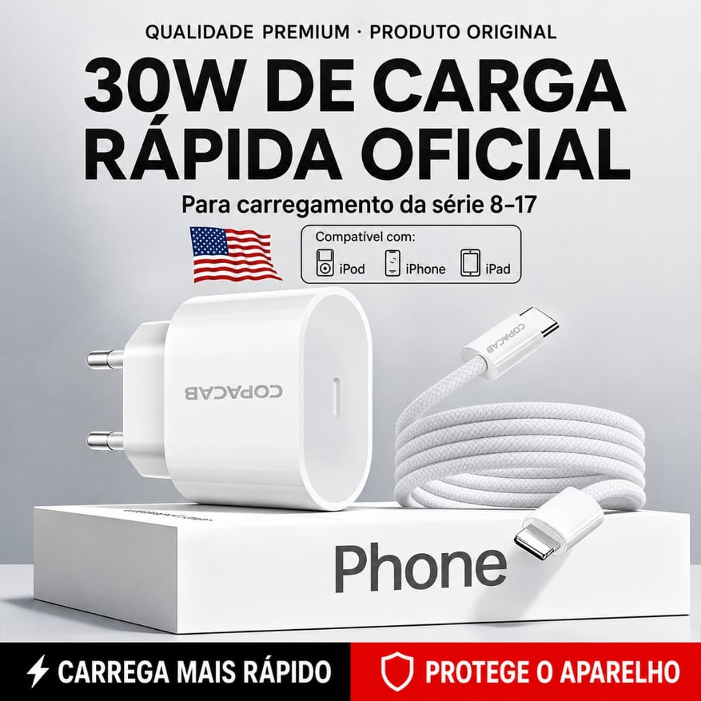 Carregador 30W USB‑C + Cabo Trançado Type‑C para Lightning Compatível iPhone 17 16 15 14 13 12 11 Pro Max 8