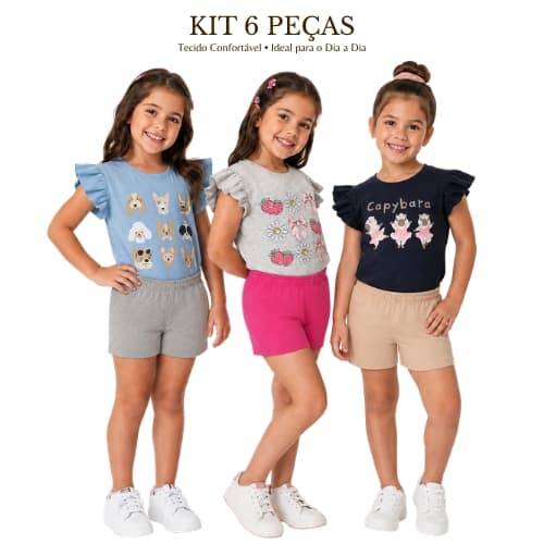Kit 6 peças Conjunto Infantil Menina Camiseta Estampada Malha + Shorts Confortáveis Cheios de Estilo