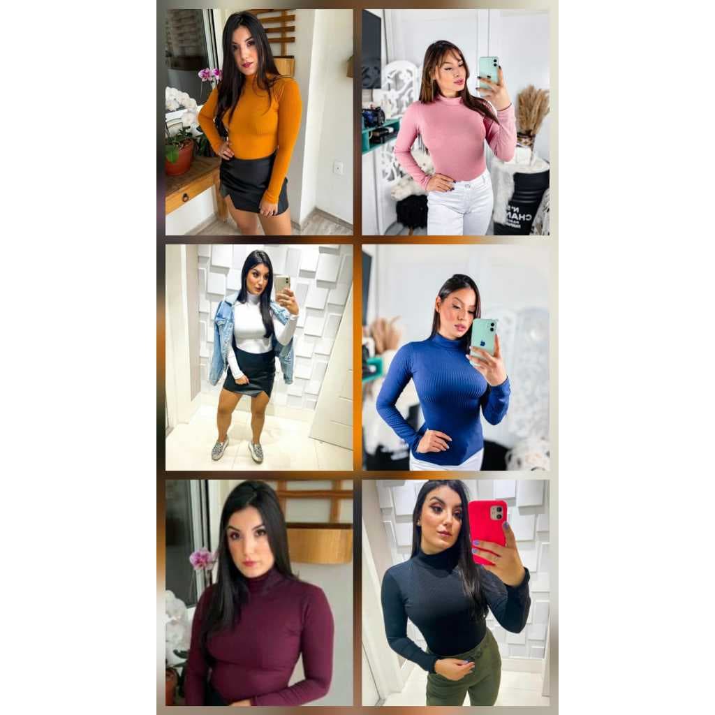 Kit 6 Blusas Feminina Cacharrel Gola Alta Segunda Pele Manga Longa Canelada Tamanho P,M,G,GG