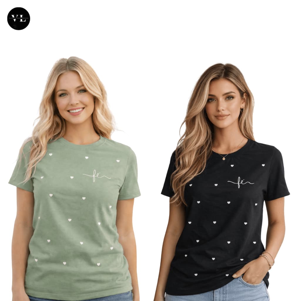 Kit 2 T-Shirts Femininas Fé com Corações Estampada Casual Fashion Confortável Manga Curta