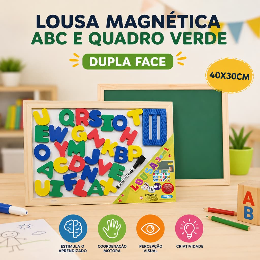 LOUSA BRANCA MAGNETICA ABC E GIZ - DUPLA FACE - 40X30CM - Aprendizado para Crianças Educativo