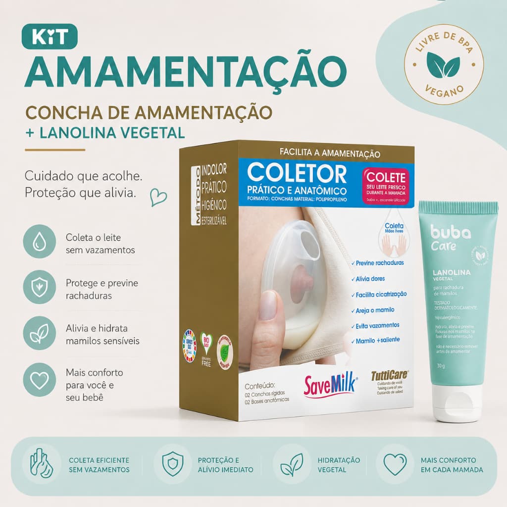 Concha de Amamentação Rígida SAVEMILK coletor + Lanolina Vegetal Buba Care 30g