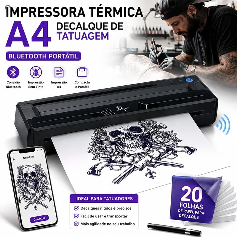 Impressora Térmica A4 para Decalque de Tatuagem Bluetooth Portátil + 20 Folhas