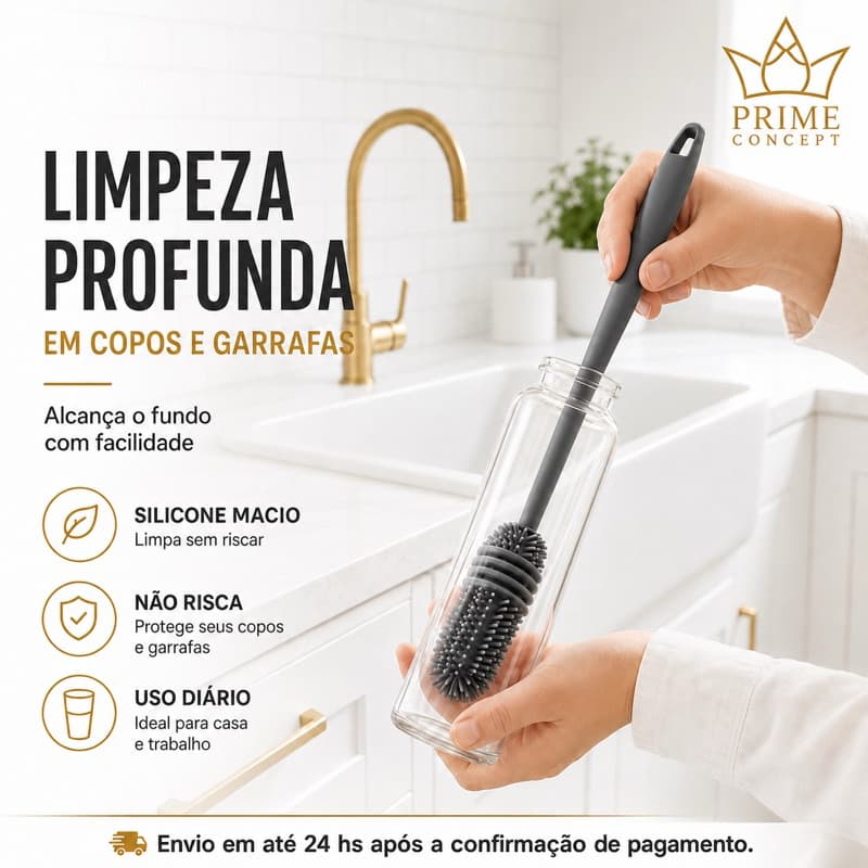 Escova Fina de Silicone 27cm para Garrafas Copos Mamadeiras Squeeze Limpeza Multiuso Cabo Longo